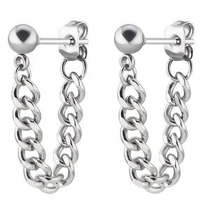 Silver Chain Link Hoop Earrings – Stainless Steel Barbell Drop Dangle